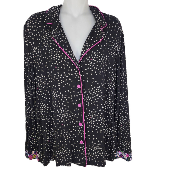 Soma Cool Nights Pajama Top Womens Medium Long Sleeve Notch Collar Hearts Button - Picture 1 of 11